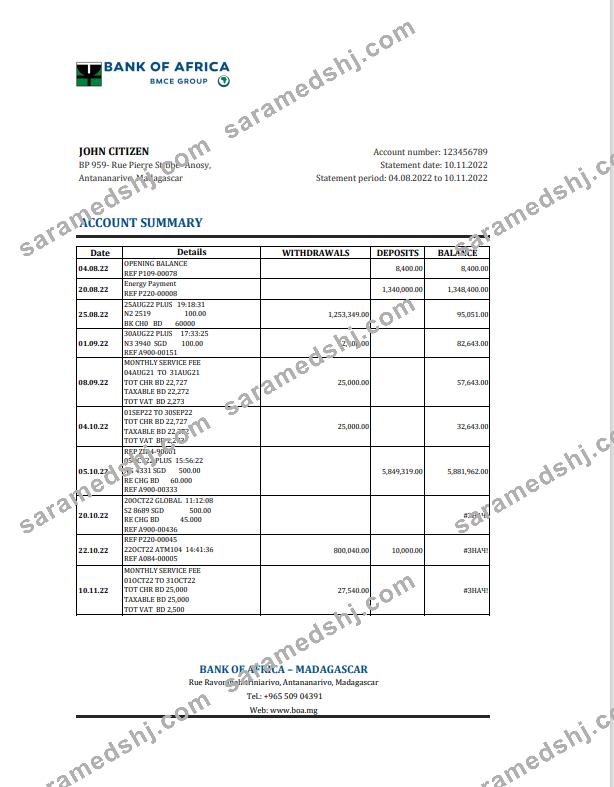 Madagascar Bank of Africa bank statement Excel and PDF template